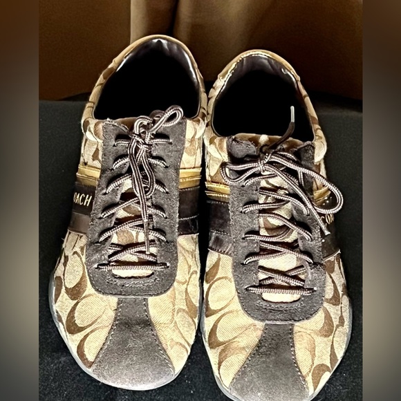 Brown and tan coach sneakers for women. Gold back and trim - Picture 3 of 6